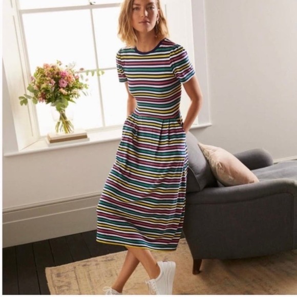Boden Dresses & Skirts - Boden Lucinda Jersey Midi T-shirt Dress Rainbow Stripe Short Sleeve Women's 4P